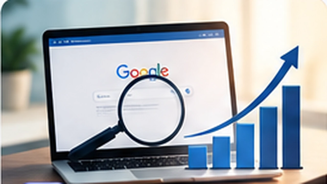 Laptop with a search interface, magnifying glass and an upward analytics chart