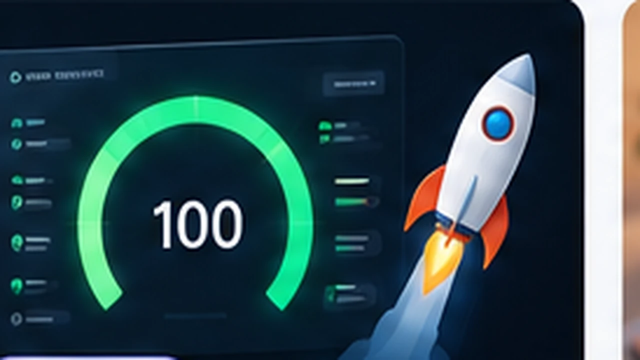 Performance dashboard with a green speed gauge and rocket illustration